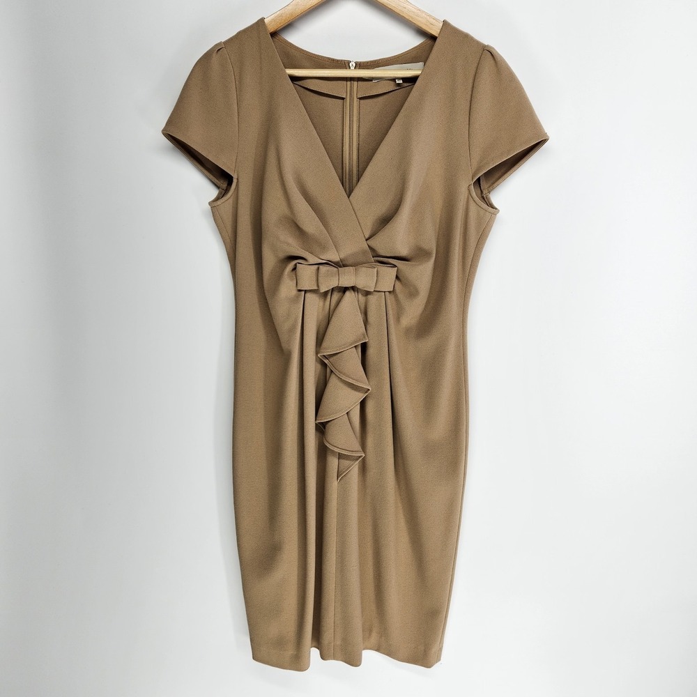 Gerard Darel Brown Dress Minimalist Bow‎ Sz 42 Office Career Cocktail V Neck